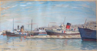 null André HAMBOURG (1909-1999).
Les bateaux dans le port d'Alger,1942.
Huile sur...