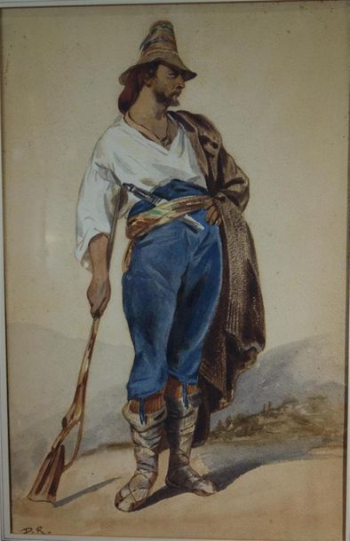 null Diodore Charles Rahoult (1819-1874)
"L'italien au fusil" 
Aquarelle 
signée...