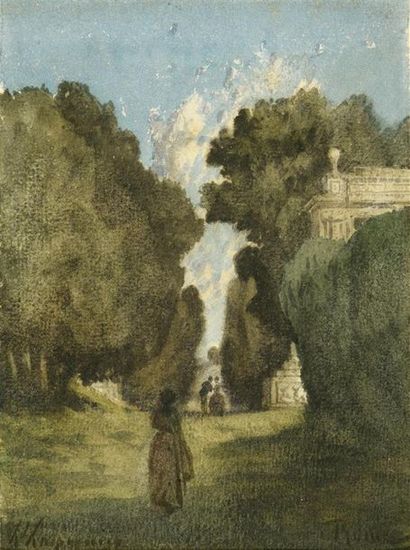 null Henri Joseph Harpignies (1819-1916)
"Femme dans un parc à Rome" 
Aquarelle sur...