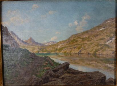 null Édouard Brun (1860-1935)
"Le lac des sept Laux" 
Huile sur toile collée sur...