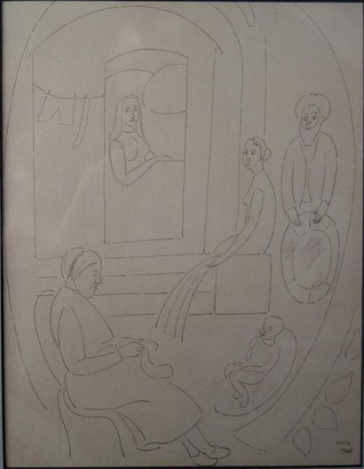 null Jean Couty (1907-1991) 
"Scène de famille" 1948 
Dessin à l'encre sur papier
signé...