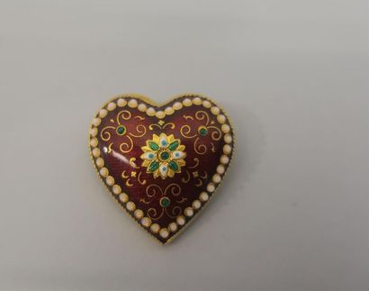 null Broche Bressane en forme de coeur en vermeil (800/oo) ornée d'émaux rouge vert...