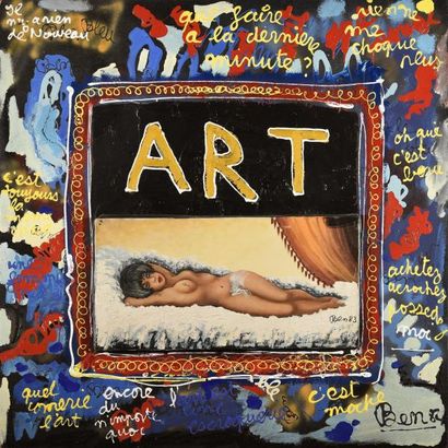 null Ben (né en 1935)
Art, 1983
Technique mixte sur panneau (peinture, toile ancienne,...