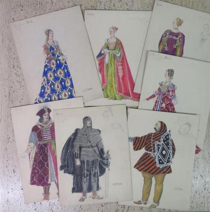 null COSTUMES. Ensemble de 8 dessins originaux signés G. K. Benda. Gouache et mine...