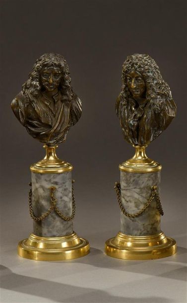 null Montesquieu et Rousseau, paire de bustes en bronze patiné sur colonnes de marbre,...