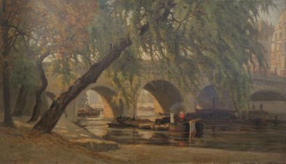 null Alfred Alexandre Delauney (1830-1894).
Pont à Paris.
Huile sur toile.
Signé...