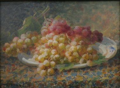 null Antoine Marzo (1853-1946). 
Assiette de raisins.
Huile sur carton.
Signé en...