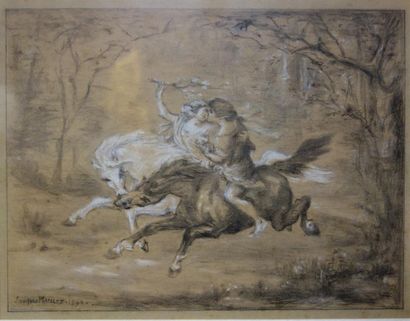 null Jacques Léonard Maillet (1823-1894).
Les amoureux à cheval, 1890.
Dessin, fusain,...