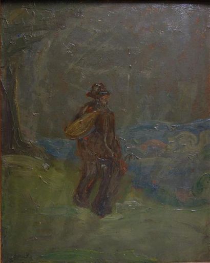 null George Bouche (1874-1941).
Le chemineau.
Huile sur isorel.
Signé en bas à gauche....