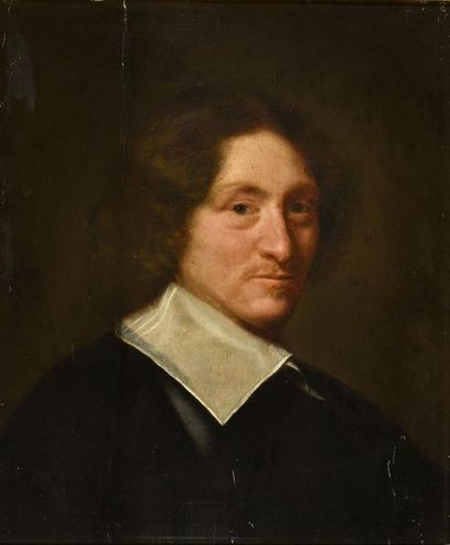  ECOLE FLAMANDE du XVIIe siècle. Portrait d'homme aux yeux bleus et cheveux bruns....
