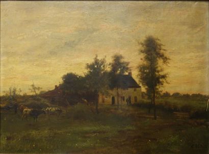 Charles Warland (XIX-XX). Paysage à la chaumière....