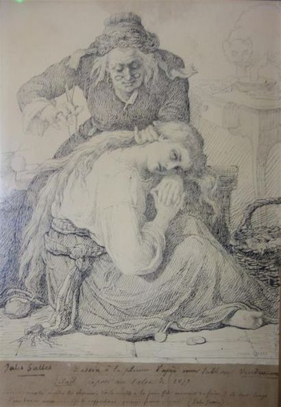 Jules Salles (1814-1898). La coiffure, 1877. Encre de chine sur papier collé sur...
