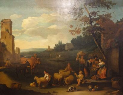  BERCHEM Nicolas Pietersz (Dans le Goût de). 1620 - 1683. Marchande de fruits dans...