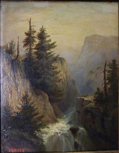 null Leberecht Lortet (1826-1901).
Cascade en montagne.
Huile sur panneau.
Signé...