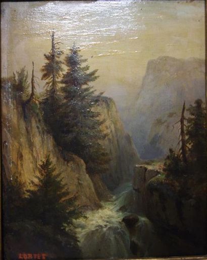 null Leberecht Lortet (1826-1901).
Cascade en montagne.
Huile sur panneau.
Signé...