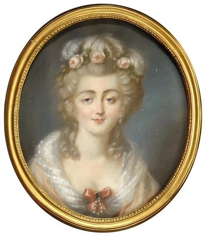  Pastel, portrait de femme de qualité, coiffée de roses. Début du XIXème siècle....
