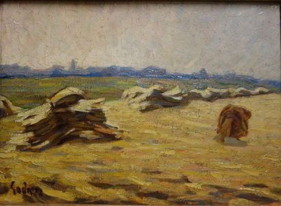 null Adrien Godien (1873-1949). 
La Glaneuse dans un champ de blé.
Huile sur panneau.
Signé...