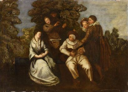  WATTEAU Antoine (Ecole de) 1684 - 1721 La Sérénade Italienne. Huile sur toile (restaurations)....
