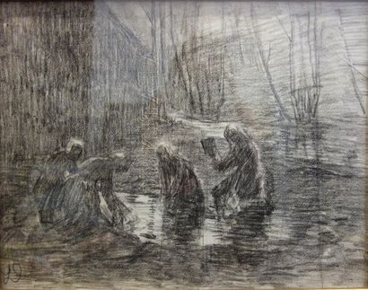  Léon Detroy (1857-1955). Lavandières sur la Gargilesse. Fusain sur papier. Monogrammé...