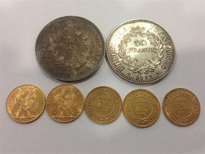 null Lot comprenant sept pièces : 3 pièces 20F or TUNISIE (1897+1900+1903), 2 pièces...