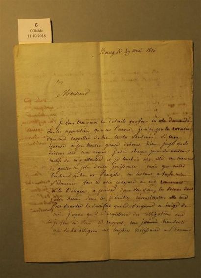 null APPARITION. Lettre signée Lerduchet (?) et manuscrit, 2 et 4 pp. in-4. Bourg,...
