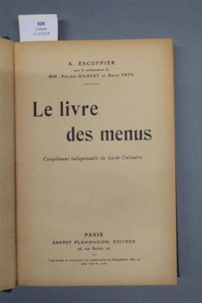 null ESCOFFIER (Auguste). LE LIVRE DES MENUS Complément indispensable du Guide Culinaire....