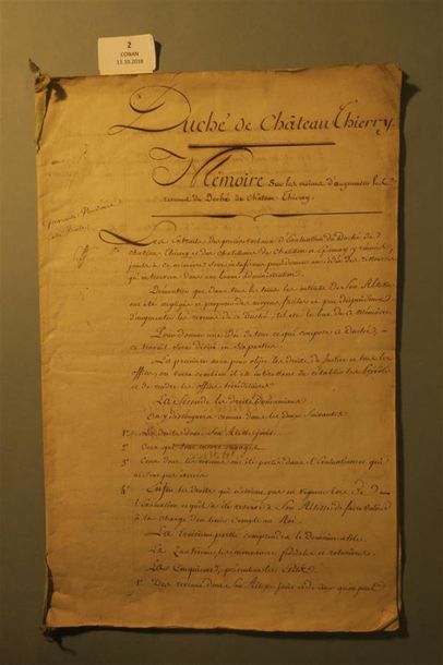 null AISNE / MARNE. Manuscrit du XVIIIe, Duché de Château-Thierry. Mémoire sur les...