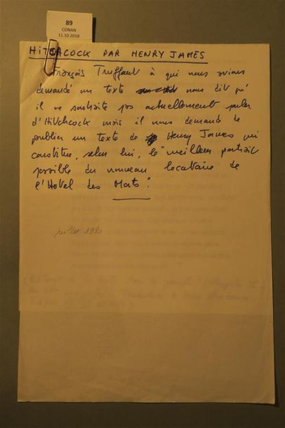 null FRANÇOIS TRUFFAUT. Hitchcock par Henry James. Manuscrit autographe, ½ p. in-folio,...
