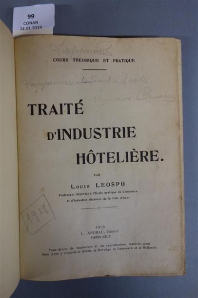 null LEOSPO (Louis). TRAITÉ D'INDUSTRIE HÔTELIÈRE. Cours théorique et pratique. PARIS...