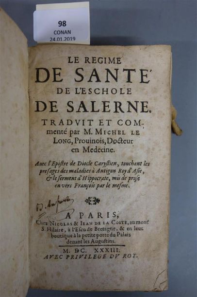 null LE LONG (Michel). LE RÉGIME DE SANTÉ DE L'ESCHOLE DE SALERNE. Traduit et commenté....