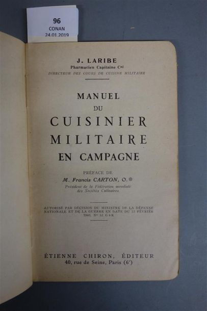 null LARIBE (J.) MANUEL DU CUISINIER MILITAIRE EN CAMPAGNE. Préface de Francis Carton.
PARIS,...