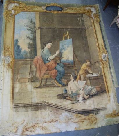 null Ecole française du XVIIIème siècle. 
Suite de six toiles peintes à décor de...