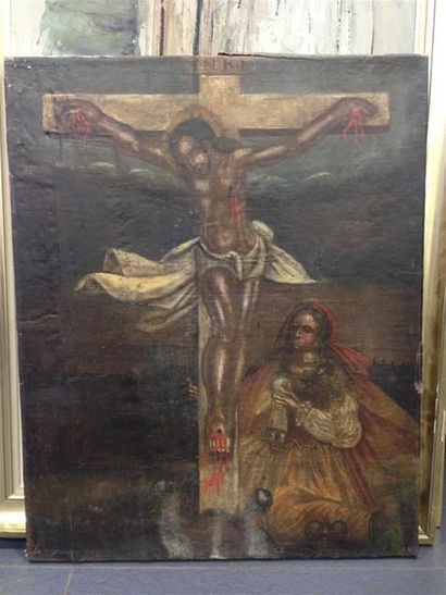 null Ecole Française XVIIIème siècle. Crucifixion avec Marie-Madeleine. Huile sur...
