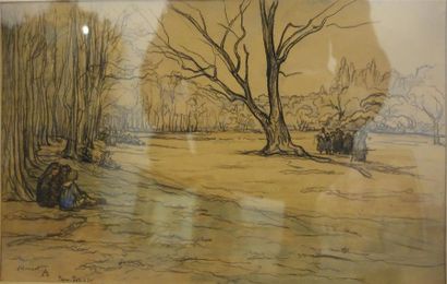 null Auguste Morisot (1857-1951) 
Le Parc de La Tête d'Or. 
Fusain et aquarelle sur...