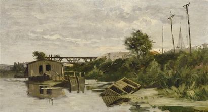 null Adrien Jacques Sauzay (1841-1928) 
Bord de rivière 
Huile sur panneau 
Signé...