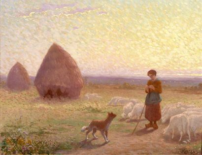 null Honoré Hugrel (1880-1944) 
Bergère et ses moutons près des meules au couchant...