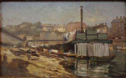 null Joannès Drevet (1854-1940) 
Une "plate" sur la Saône à Lyon. 
Huile sur toile....