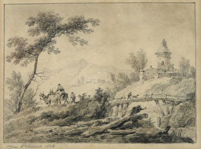 null Jean Baptiste Pillement (1728-1808) 
Le passage du pont en bas du moulin 1805...