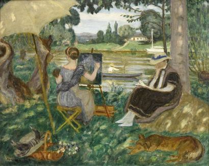 null Eugène Durenne (1860-1944)
L'artiste en plein air, au bord de l'eau 1926
Huile...
