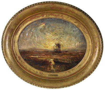 null François-Auguste Ravier (1814-1895) 
Barque sur l'étang au coucher de soleil...