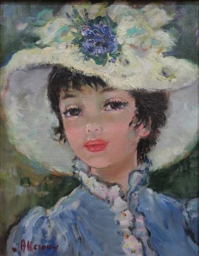 null Jean Alleroux (XXème siècle) 
Le chapeau blanc 
Huile sur toile 
Signé en bas...
