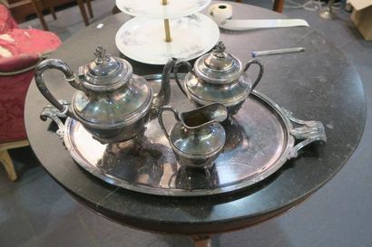 null Service à thé en métal argenté comprenant une théière, un sucrier, un pot à...
