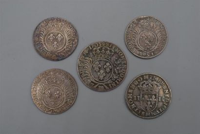 null LOUIS XIV 1643-1715
LOT de 9 pièces : 1/4 ecu 1644 M , 3 1/4 d ECU aux PALMES...