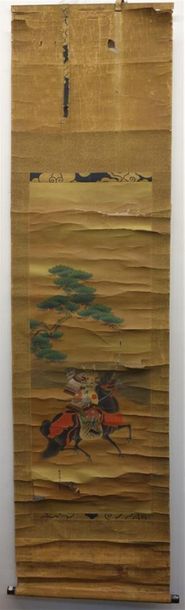 null Kakemono en couleurs sur papier, représentant un samourai à cheval, auprès d'un...