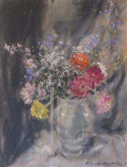 null Pierre Combet-Descombes (1885-1966).
Bouquet de Dalhias et Gypsofiles.
Pastel...