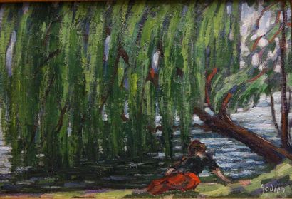 null Adrien Godien (1873-1949). 
Femme près d'un lac, allongée sous les arbres.
Huile...