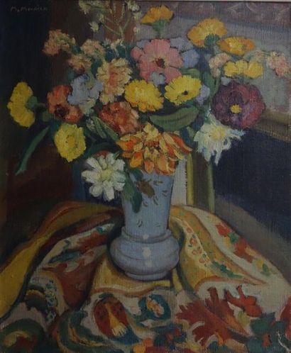 null M. Mourrier (XXème)
"Vase de fleur sur un tapis"
Huile sur toile.
Signé en haut...