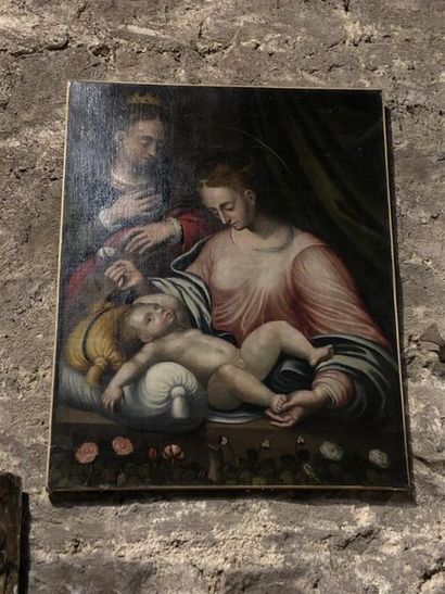 null École bolognaise fin XVIIème siècle.
Vierge à l'enfant et Sainte Anne
Huile...