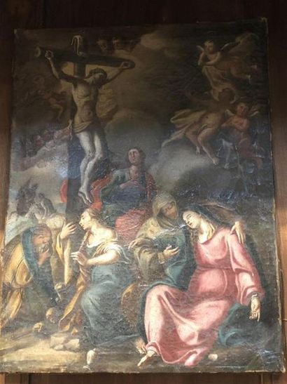 null École française du XVIIIème siècle.
Crucifixion 
Huile sur toile.
47 x 36 c...