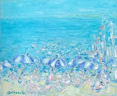 null André COTTAVOZ (1922-2012).
Les parasols bleus
Huile sur toile, signée en bas...